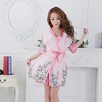 Women Robes Nightwear Print Lace Nylon Pink