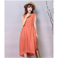 Women\'s Casual/Daily Simple Swing Dress, Solid Round Neck Midi Sleeveless Cotton Summer High Rise Micro-elastic Medium