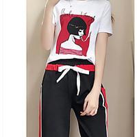 womens casualdaily cute t shirt pant suits solid print round neck shor ...