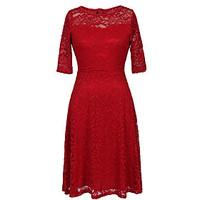 Women\'s Lace Plus Size / Casual/Daily / Party Vintage / Street chic Sheath DressPrint Lace Round Neck Knee-length Length Sleeve Red