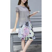 Women\'s RuffleAsymmetrical Casual/Daily / Plus Size Simple Chiffon Dress, Floral Round Neck Knee-length Short Sleeve Red / Gray Polyester Summer