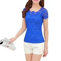 Women\'s Lace Going out Sexy / Boho Tanks, Solid Round Neck Short Sleeve Blue / Pink / Black Rayon Thin