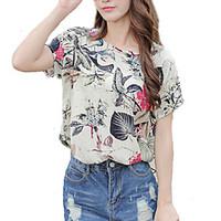 Women\'s Going out Vintage / Street chic Blouse, Print Round Neck Short Sleeve Beige Rayon Thin