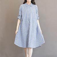 Women\'s Fine Stripe Plus Size Going out Casual/Daily Vintage Simple Cute Loose Dress, Striped Shirt Collar Asymmetrical Long Sleeve Cotton Linen Blue