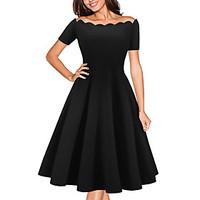Women\'s Off The Shoulder Casual/Daily Formal Simple Sheath Dress, Solid Off Shoulder Above Knee Short Sleeve Polyester Red Black All Seasons Low Rise