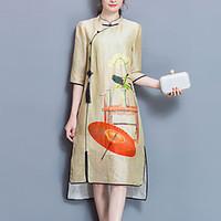 Women\'s Plus Size Going out Vintage Loose Dress, Print Stand Midi ½ Length Sleeve Polyester Yellow Spring Summer Mid Rise Inelastic