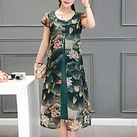 Women\'s Plus Size Going out Vintage Loose Dress, Print Round Neck Midi Short Sleeve Polyester Green Summer Mid Rise Micro-elastic