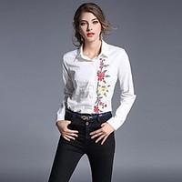 Women\'s Embroidery Casual/Daily Work Simple Spring Shirt, Print Shirt Collar Long Sleeve White Cotton Thin