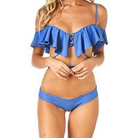 Women\'s BandeauRuffle Halter Bikini, Ruffle Solid Polyester Blue Black