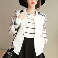 Women\'s Casual/Daily Street chic Spring / Fall Jackets, Floral Round Neck Long Sleeve White / Black Cotton Thin