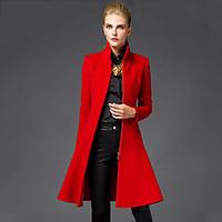 Women\'s Going out Sophisticated Coat, Solid Stand Long Sleeve Winter Red / Black Wool Medium