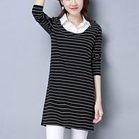 Women\'s Fine Stripe Plus Size Casual/Daily Street chic Spring /Fall Loose Thin Blouse Striped Patchwork Shirt Collar False Two Black Cotton