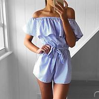 Women Slim RompersGoing out Casual/Daily Sexy Street chic Lace Up Bow Layer Striped Boat Neck Short Sleeve High Rise Micro-elastic Summer