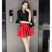 Women\'s Casual/Daily Simple Summer Shirt Skirt Suits, Solid V-Neck Long Sleeve Micro-elastic
