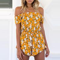 Women Slim RompersCasual/Daily Club Sexy Vintage Floral Backless Off-The-Shoulder Boat Neck Short Sleeve High Rise Micro-elastic Summer Fall