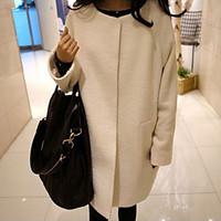 Women\'s Casual/Daily Simple Coat, Solid Round Neck Long Sleeve Fall / Winter Blue / White Wool Thick