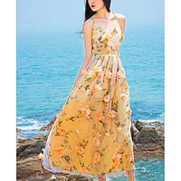 womens beach swing dress floral v neck maxi sleeveless silk summer mid ...