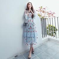 womens embroidery going out swing dress floral round neck midi sleeve  ...