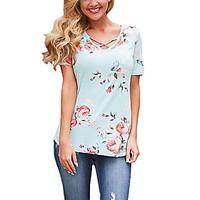 Women\'s Going out Casual/Daily Holiday Sexy Vintage Street chic Criss-Cross All Match Fashion Spring Summer T-shirtFloral Round Neck Short Sleeve