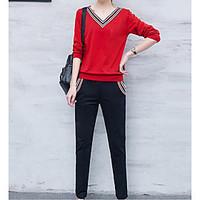 womens casualdaily simple spring t shirt pant suits solid v neck long  ...