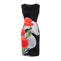 Women\'s Casual/Daily Beach Holiday Vintage Bodycon Dress, Print Round Neck Above Knee Sleeveless Polyester Spandex Summer High Rise