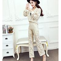 Women\'s Going out Cute Spring Summer Shirt Pant Suits, Solid V Neck 3/4 Length Sleeve Lace