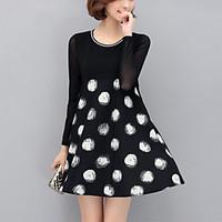 Women\'s Plus Size /Casual/Daily Street chic A Line /Loose Dress Polka Dot Above Knee Long Sleeve Black Polyester Spring /Fall