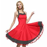 Women\'s Lace up/Backless Red/Black Vintage Polka Dots Midi Swing Dress, Full Circle Halter