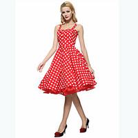 Women\'s Party Vintage A Line / Skater Dress, Polka Dot Strap Knee-length Sleeveless Blue / Red / White Cotton Summer High Rise