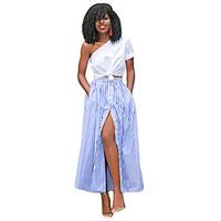 Women\'s Blue White Stripes Button Front Maxi Skirt