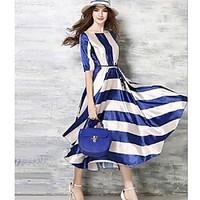 womens party a line dress striped round neck maxi short sleeve blue po ...