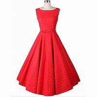 Women\'s Going out / Party Simple A Line / Skater Dress, Jacquard Round Neck Knee-length Sleeveless Red / White Cotton / Others