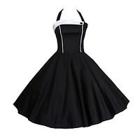 Women\'s Lace up/Backless Party Vintage Skater Dress, Color Block Halter Knee-length Sleeveless Red/Black Cotton Summer High Rise Inelastic Thin