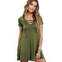 Women\'s Lace up Club Sexy Skater Dress, Solid V Neck Mini Short Sleeve Beige / Black / Green / Orange Polyester