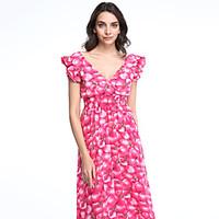 womens ruffle flowing peach printing chiffon long dress