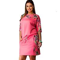 Women\'s Street chic Plus Size Dress, Floral Round Neck Above Knee ½ Length Sleeve Blue / Pink / Yellow Cotton Summer