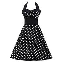 Women\'s Black White Polka Dot Dress , Black Collars Big Buttons Vintage Halter 50s Rockabilly Swing Dress