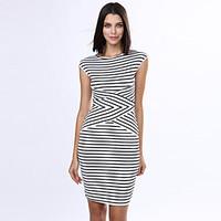Women\'s Fine Stripe Vintage/Sexy/Party/Work Micro-elastic Short Sleeve Dress (Cotton Blends)