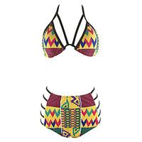 Women\'s Halter Tankini Lace Up High Rise Boho Geometric Backless Vintage Bikini