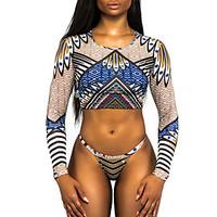 Women\'s Boho Bandeau TankiniColor Block Geometric National Style T-back Long Sleeve Bikini