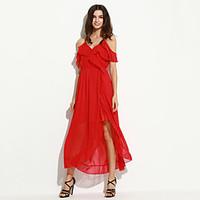 Women\'s Off The ShoulderRuffle Holiday Sexy Loose Dress, Solid V Neck Midi Sleeveless Red Polyester Summer