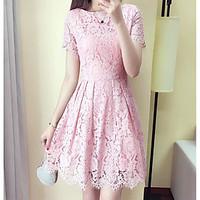 Women\'s Going out A Line Dress, Solid Round Neck Above Knee Short Sleeve Polyester Summer High Rise Micro-elastic Thin