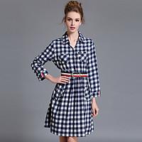 Women\'s Plus Size / Casual/Daily Simple Shirt DressPlaid Shirt Collar Knee-length Sleeve Blue Cotton Fall