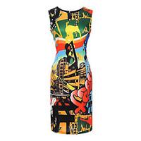 Women\'s Casual/Daily Beach Holiday Vintage Bodycon Dress, Print Round Neck Above Knee Sleeveless Polyester Spandex Summer High Rise