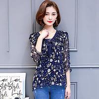 Women\'s Ruffle Plus Size Casual/Daily Simple Spring Summer Blouse, Floral V Neck ½ Length Sleeve Blue Polyester Medium