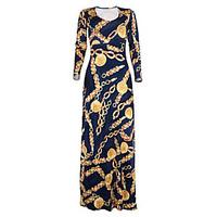 Women\'s Casual/Daily Formal Simple Sheath Dress, Print V Neck Maxi Long Sleeve Polyester Black All Seasons Low Rise Micro-elastic