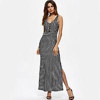 Women\'s Beach Party Holiday Vintage Street chic Sophisticated Sheath DressStriped U Neck Maxi Sleeveless Cotton Summer High Rise