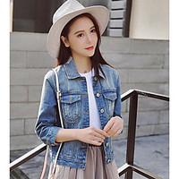 Women\'s Casual/Daily Simple Summer Denim Jacket, Solid Shirt Collar Long Sleeve Regular Linen