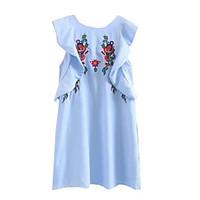 Women\'s Daily Shift Dress, Embroidery Round Neck Above Knee Sleeveless Polyester Summer Mid Rise Inelastic Thin