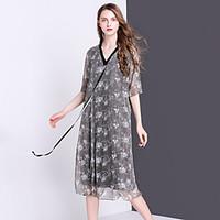 Women\'s Going out Casual/Daily Vintage A Line Dress, Jacquard V Neck Midi Short Sleeve Silk Summer Mid Rise Inelastic Thin